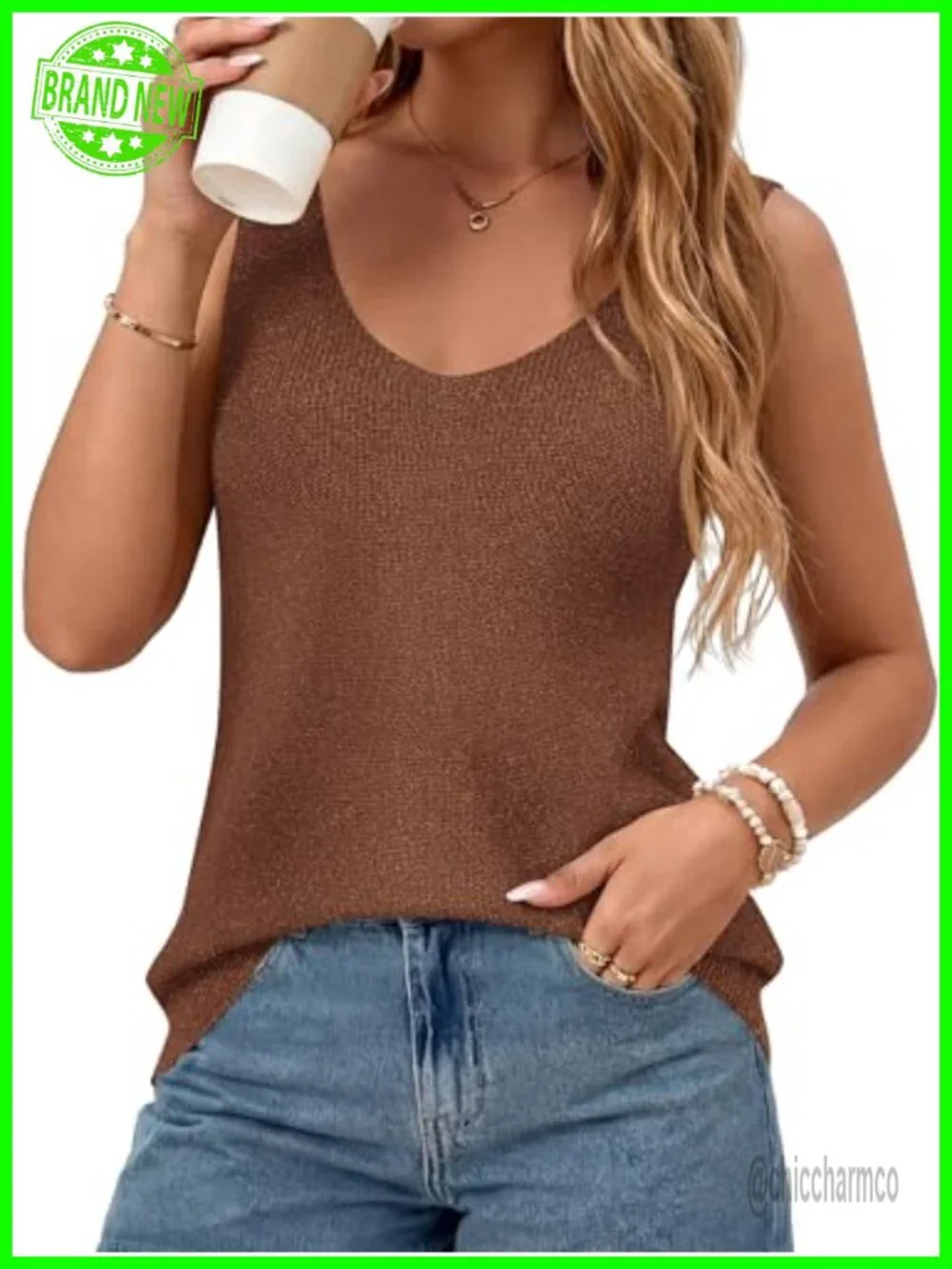 Sleeveless V-Neck Knit Sweater Vest Sparkle Basic Loose Fit Tank Top